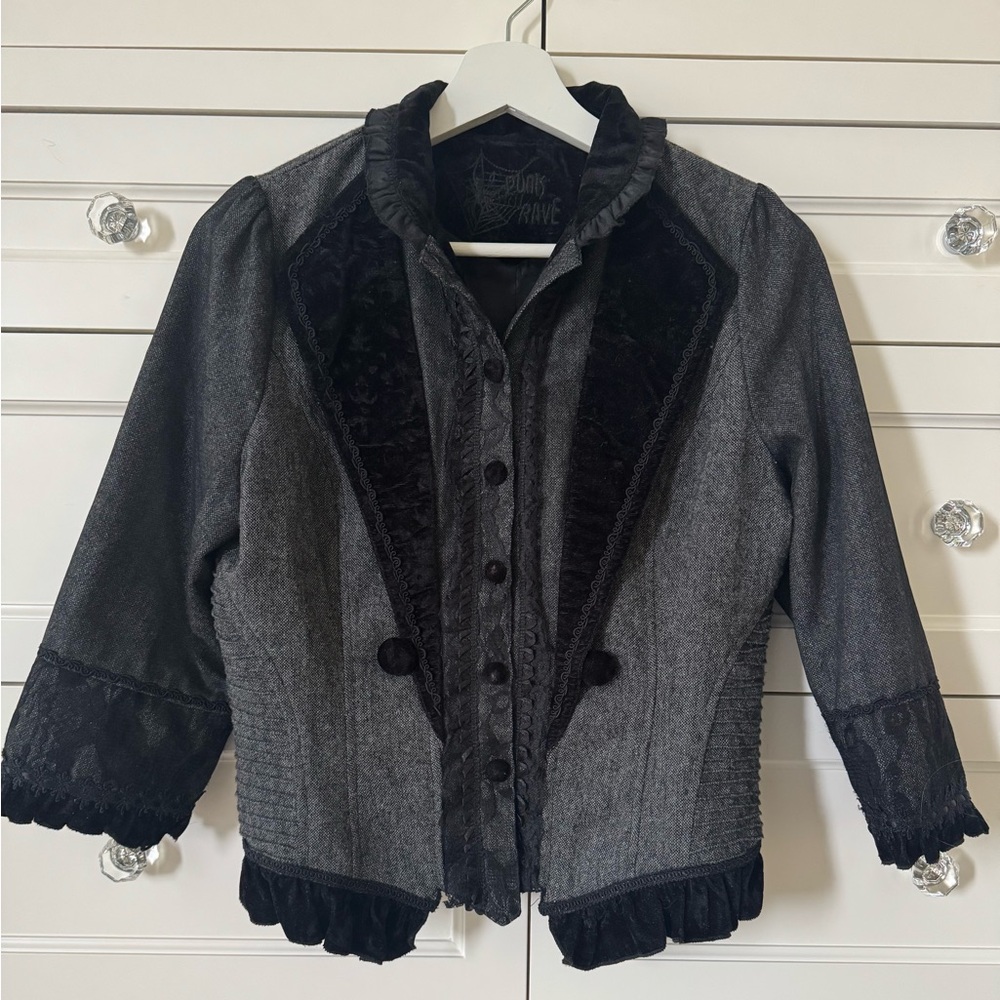 PUNK RAVE CROPPED BLAZER WITH SO MUCH VELVET & LACE DETAIL, SIZE SMALL